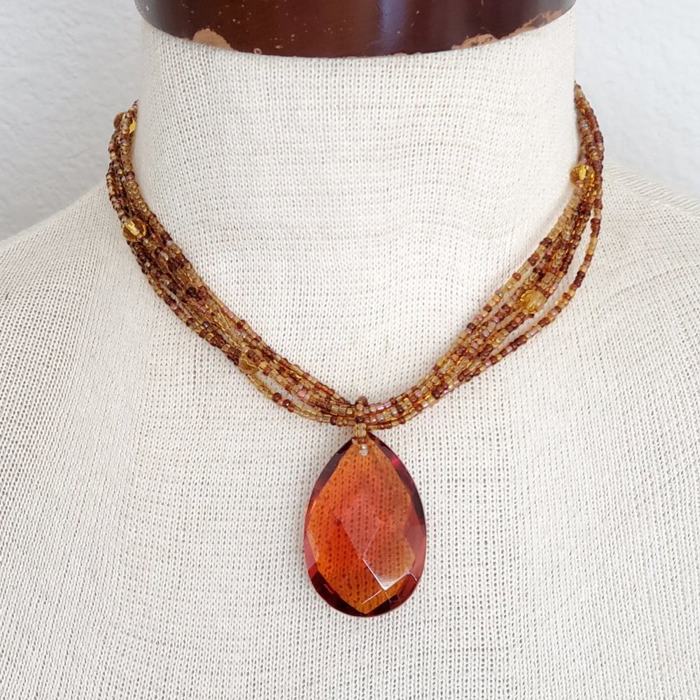 Multi Strand Bead & Faceted Glass Pendant Necklace